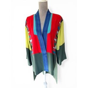 BCBGMAXAZRIA RUNWAY Kimono Women L Multicolor Silk Colorblock Geometric Cardigan